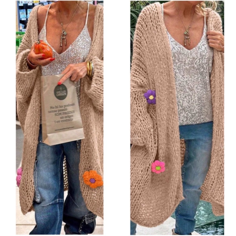 Cozy Loose Knit Floral Crochet Open Front Oversized Cardigan S M L